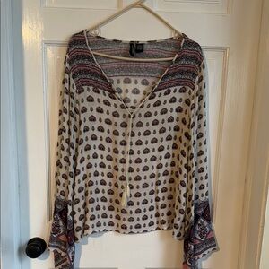 Brown and Black Bell Sleeve 3/4 Sleeve Relaxed Blouse